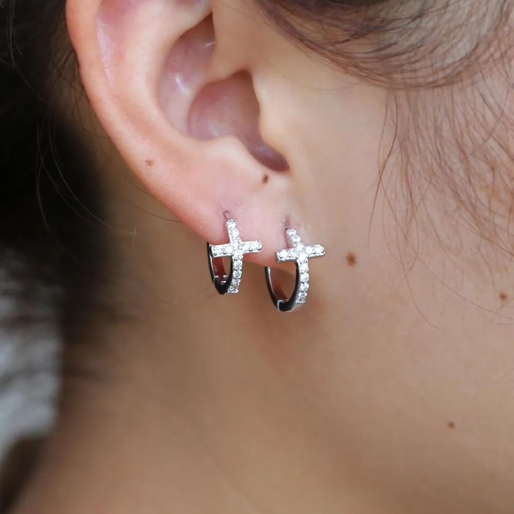 12mm Luxury Cubic Zirconia Cross Hoop Earrings in Two Colors