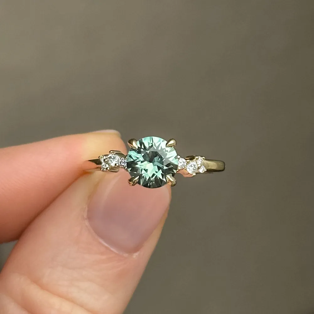 1.47ct Teal Green Grey Madagascar Sapphire and Diamond Starry Night Low Profile Solitaire in 14k Yellow Gold