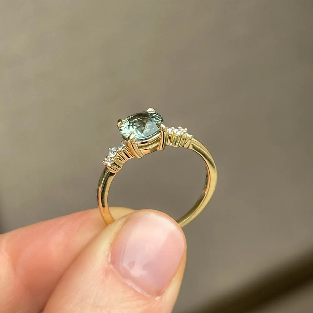 1.47ct Teal Green Grey Madagascar Sapphire and Diamond Starry Night Low Profile Solitaire in 14k Yellow Gold