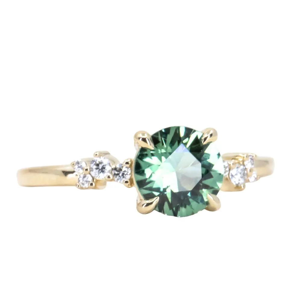 1.47ct Teal Green Grey Madagascar Sapphire and Diamond Starry Night Low Profile Solitaire in 14k Yellow Gold