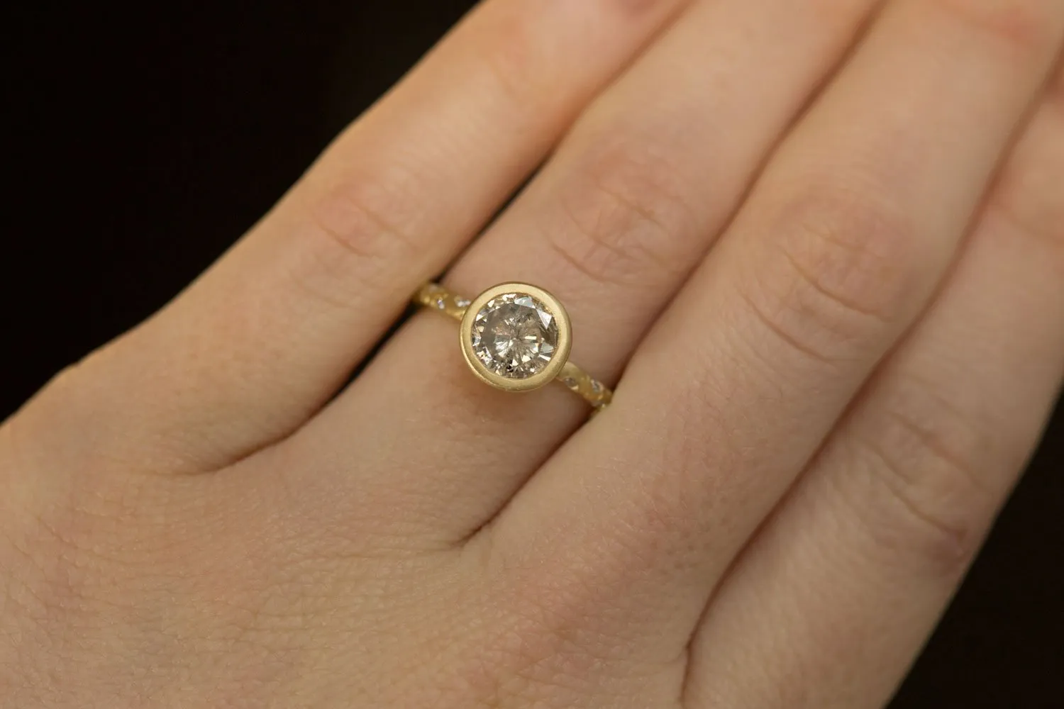 1.50ct Salt and Pepper Diamond in low profile Bezel Setting with Evergreen Embedded Diamonds 18k Yellow