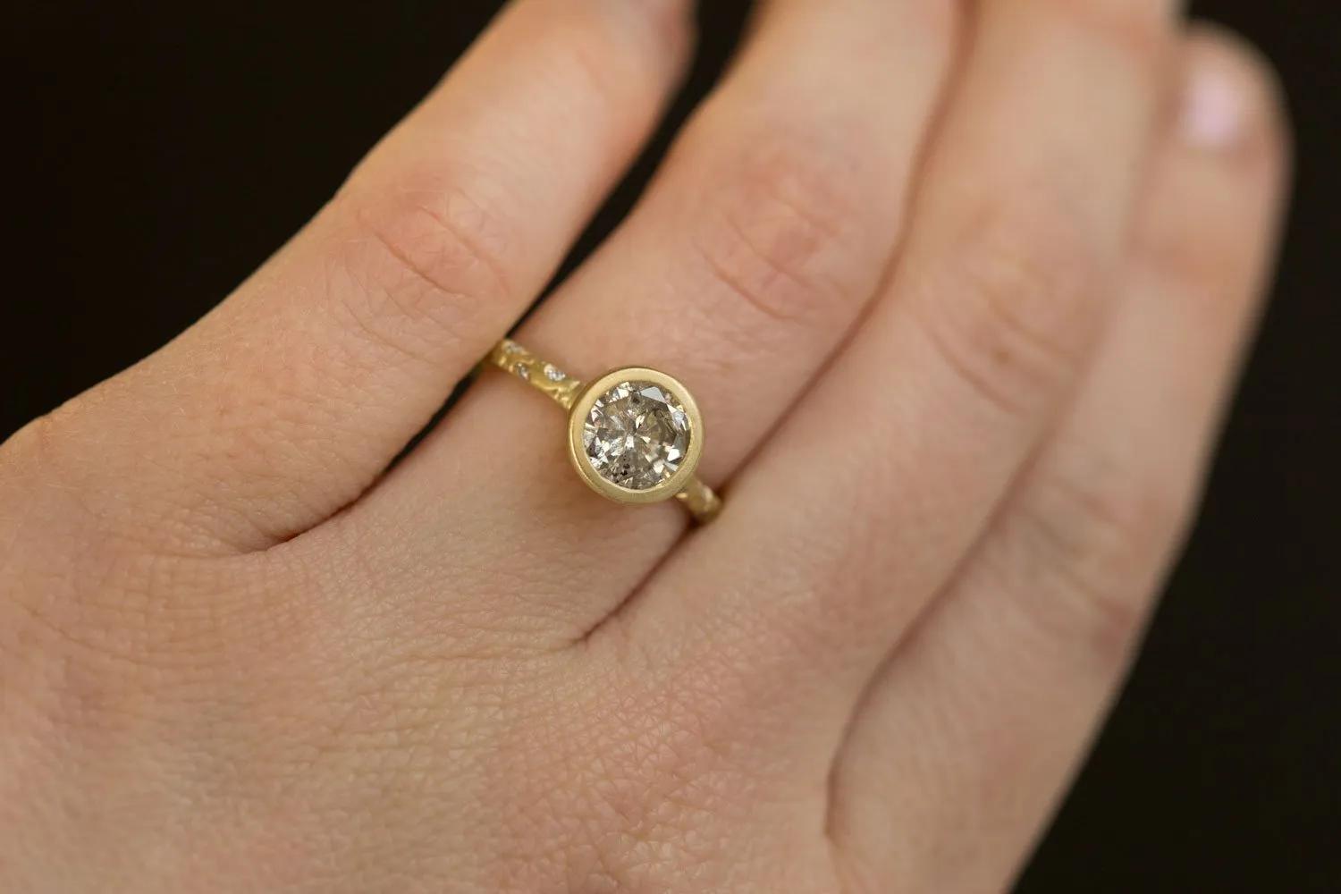 1.50ct Salt and Pepper Diamond in low profile Bezel Setting with Evergreen Embedded Diamonds 18k Yellow