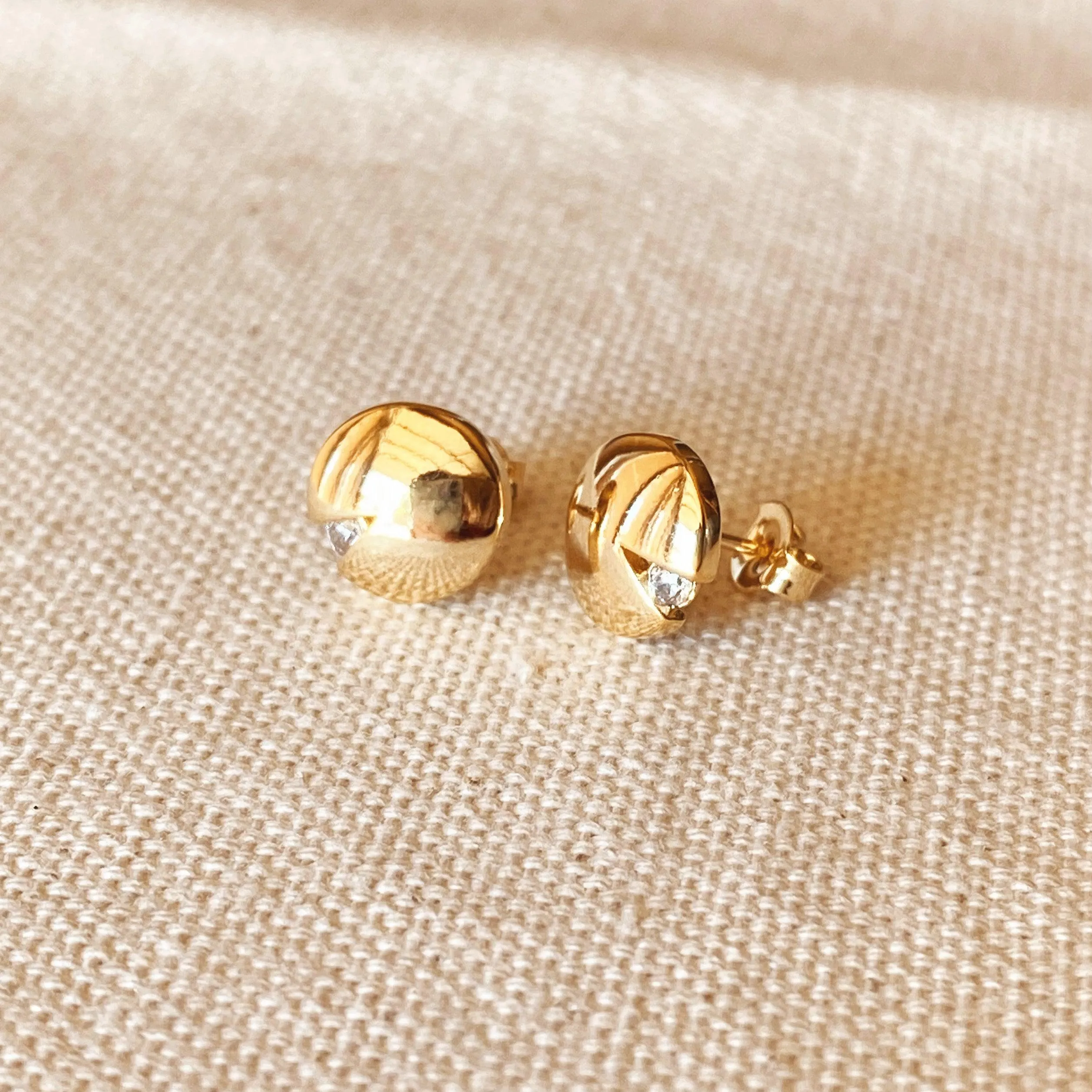 18k Gold Filled Split Round Button Stud With Cubic Zircon Detail