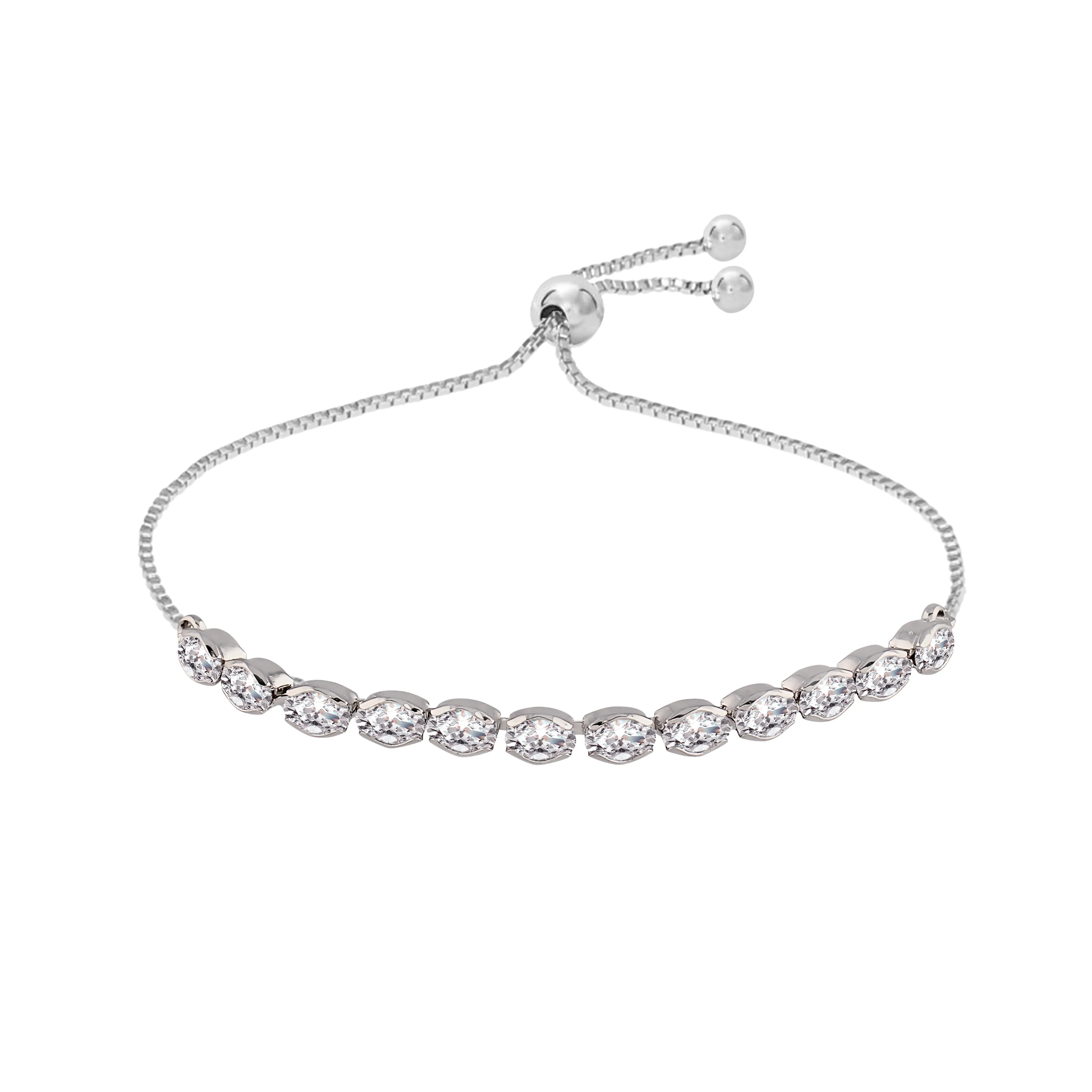 18k Rhodium Plated Cubic Zirconia Adjustable Bracelet Jewellery with Pull-Chain for Women & Girls