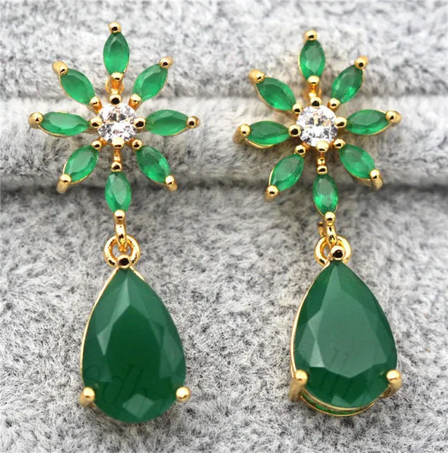 18k YGB Starburst Tear Drop Created Jade Dangle Earrings