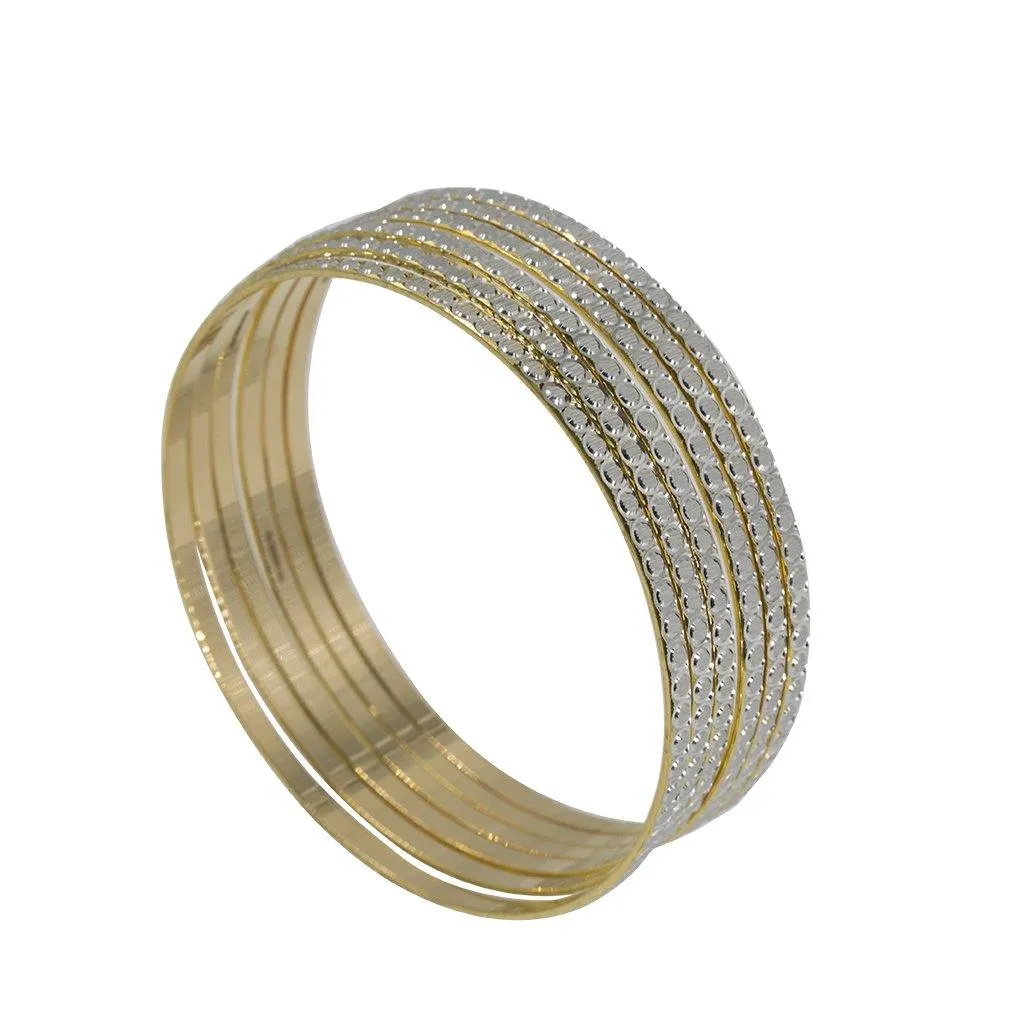 22K Multi Tone Gold Bangles, Set of 6 W/ Circle Textured Design & 66g Gold Weight