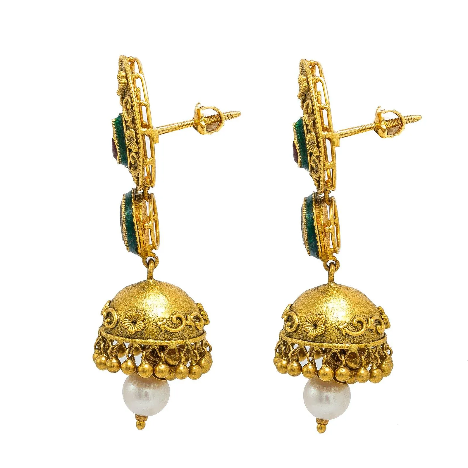 22K Yellow Gold Jhumki Drop Earrings W/ Ruby, Emerald, Kundan & Mango Accents in Antique Finish