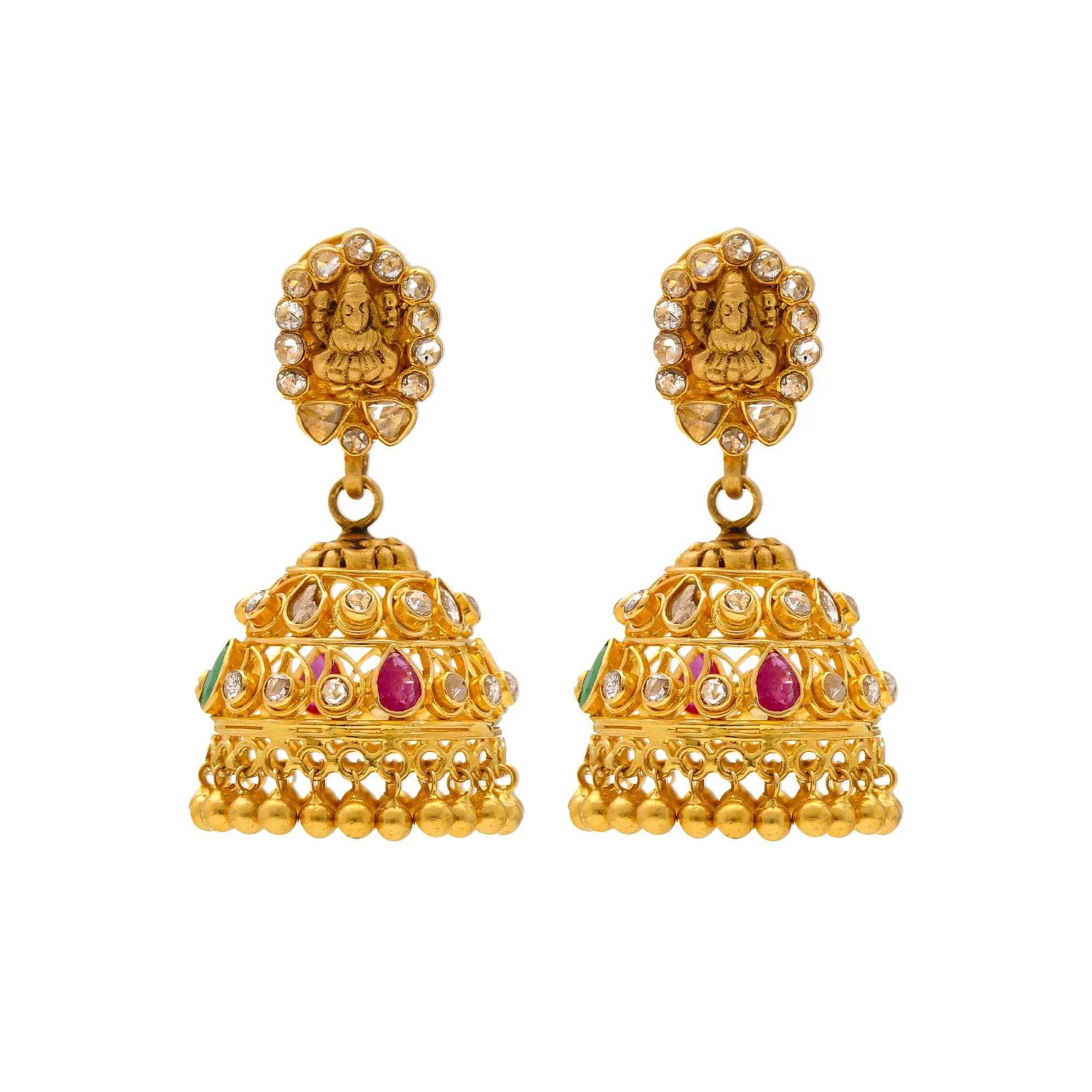 22K Yellow Gold Laxmi Jewelry Set with Gems & Uncut Diamonds