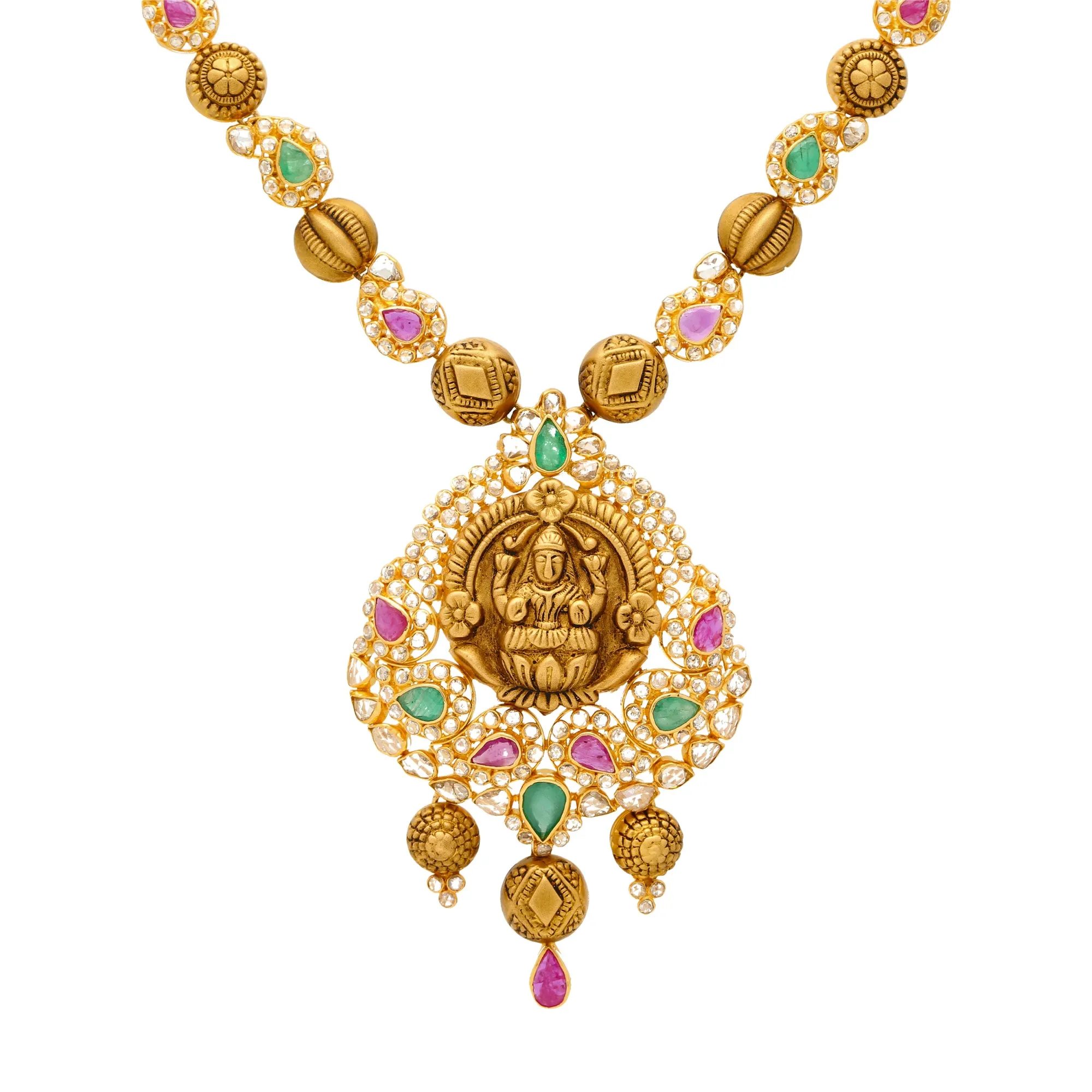 22K Yellow Gold Laxmi Jewelry Set with Gems & Uncut Diamonds