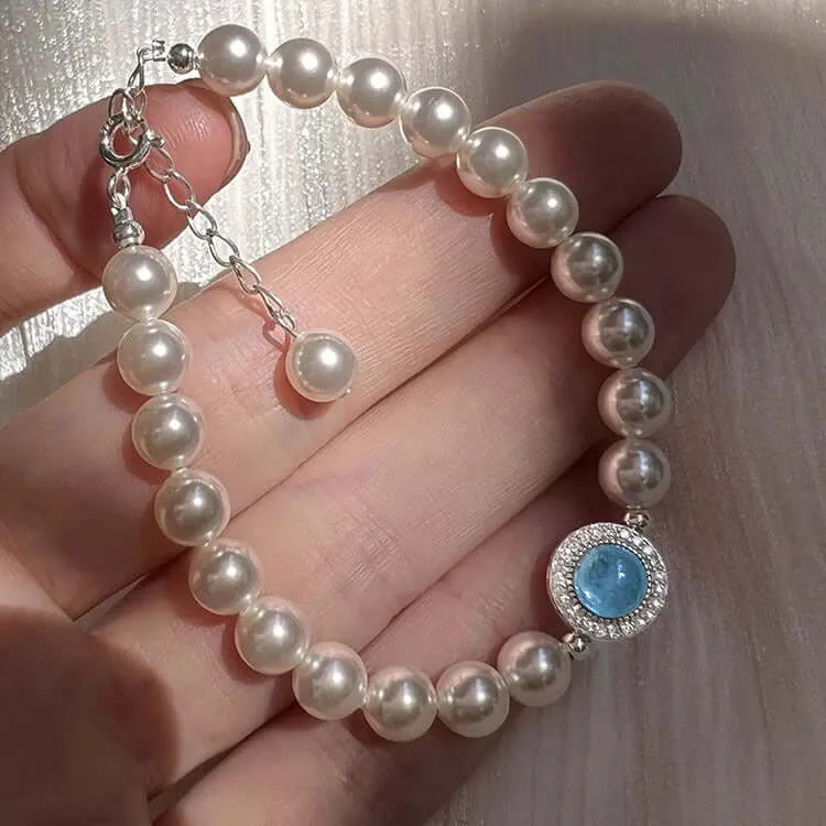 925 Silver Freshwater Pearl Top Grade Aquamarine Pendant Bracelet