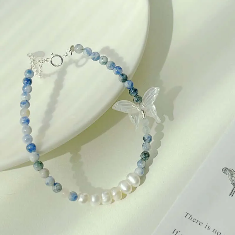 925 Silver Freshwater Pearl White Butterfly Blue Point Stone Bracelet