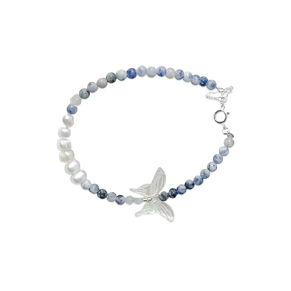 925 Silver Freshwater Pearl White Butterfly Blue Point Stone Bracelet