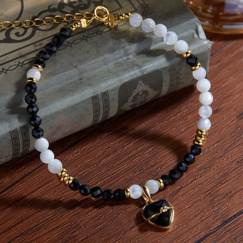 925 Silver Pearl Black Agate Pendant Heart Bracelet