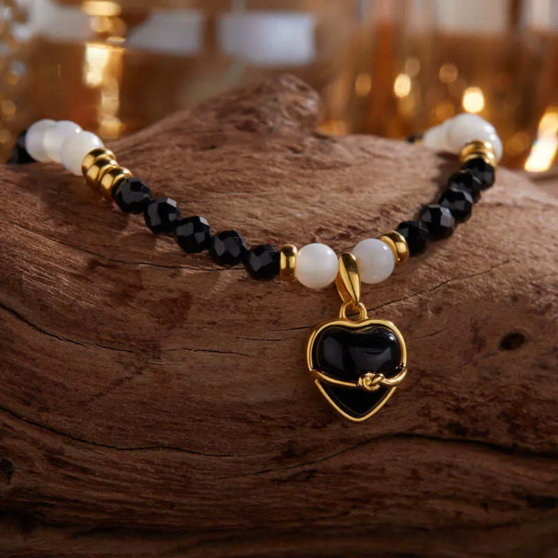 925 Silver Pearl Black Agate Pendant Heart Bracelet