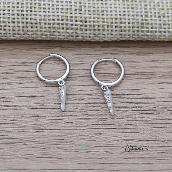 925 Sterling Silver One-Touch Hoop Earrings with Dangle C.Z Spike