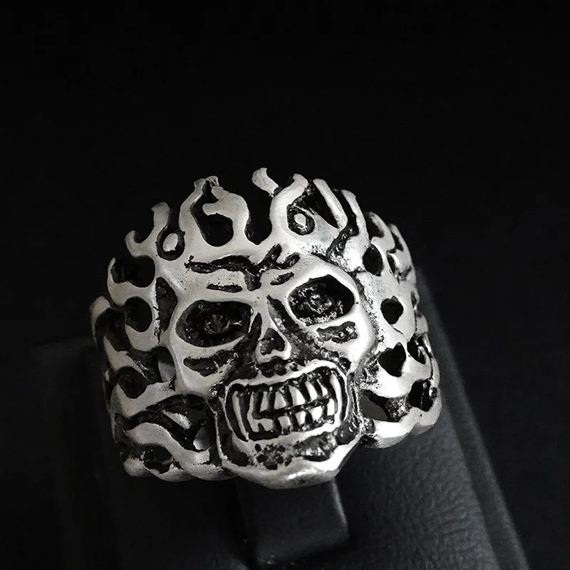 925 Sterling Silver Skull in Fire Mens Ring Biker Gothic Punk Ring Jewellery