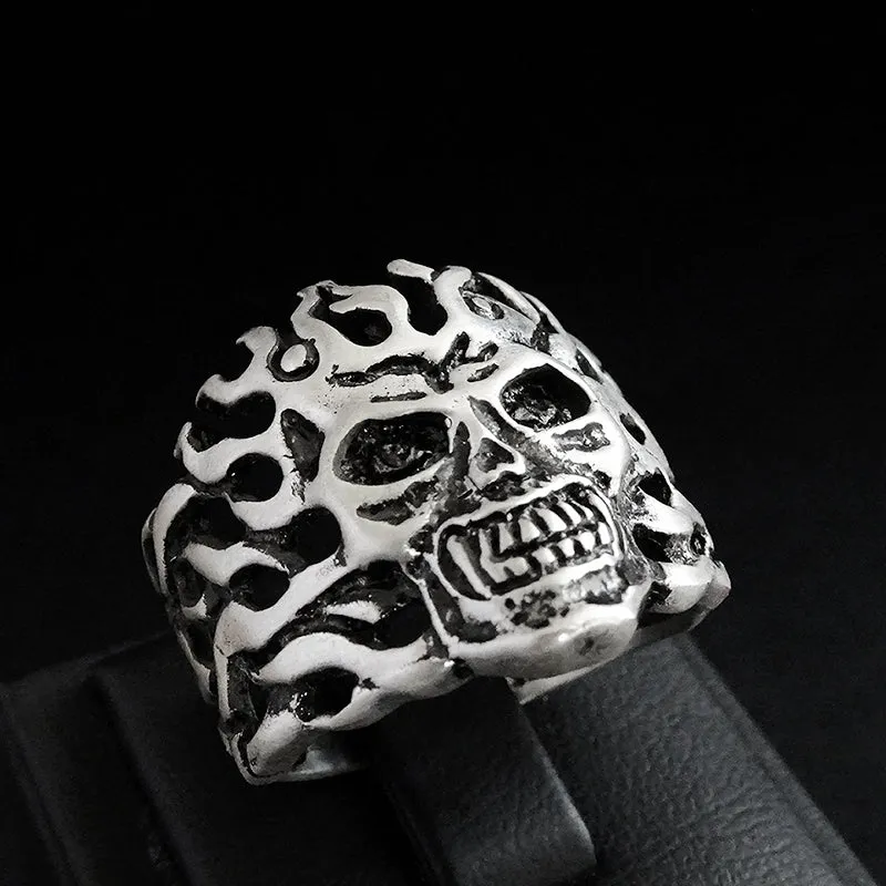 925 Sterling Silver Skull in Fire Mens Ring Biker Gothic Punk Ring Jewellery