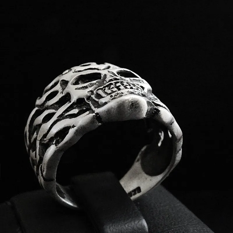 925 Sterling Silver Skull in Fire Mens Ring Biker Gothic Punk Ring Jewellery