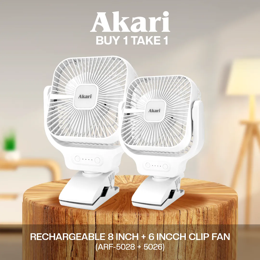 Akari 8 Rechargeable Clip Fan with Led Night Light (ARF-5028)   6 Rechargeable Clip Fan (ARF-5026)