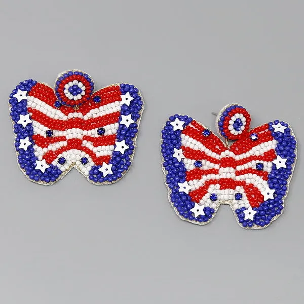 American Flag Butterfly Seed Beaded Earrings