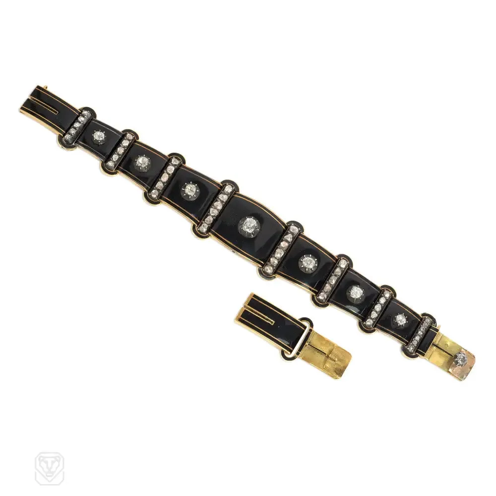 Antique french black enamel and diamond necklace convertible to two bracelets