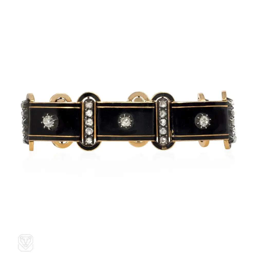 Antique french black enamel and diamond necklace convertible to two bracelets