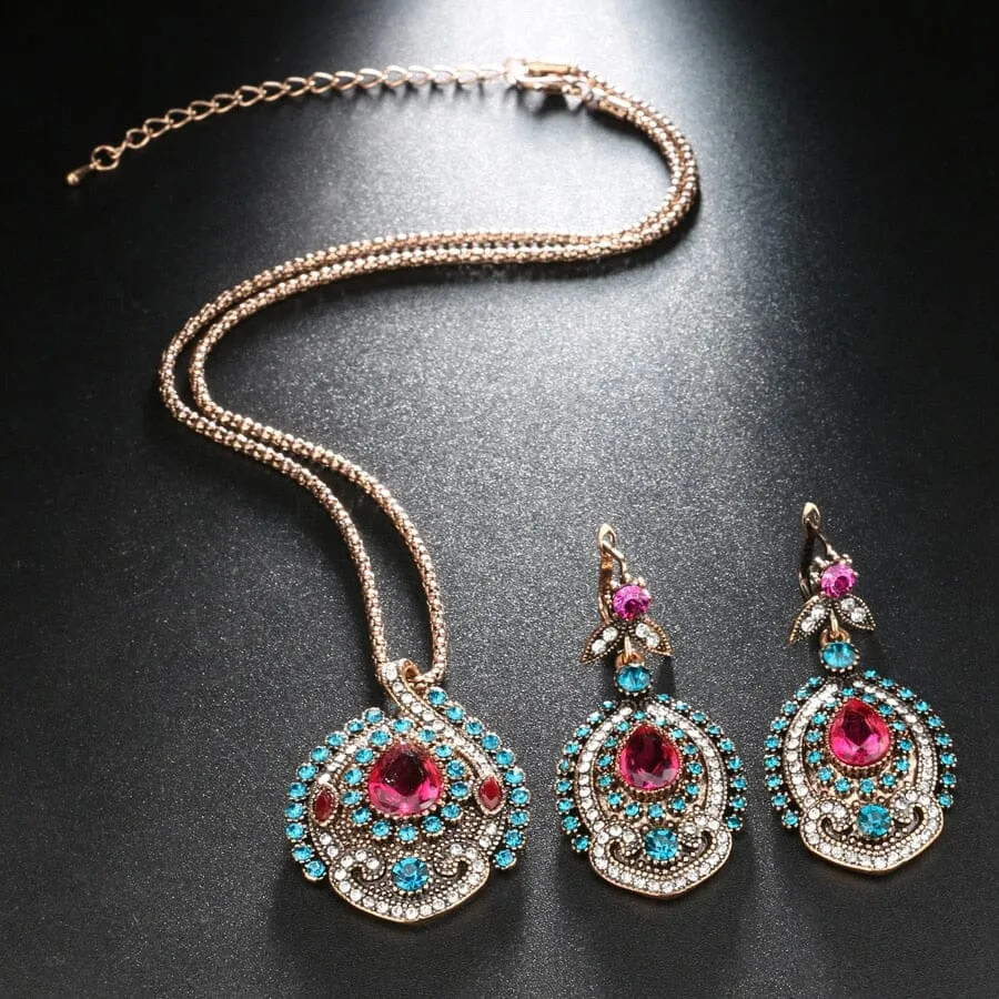 Antique Gold Plated Pink Tourmaline Crystal Turkish Jewelry Set (Necklace & Earrings)