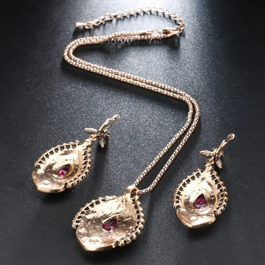 Antique Gold Plated Pink Tourmaline Crystal Turkish Jewelry Set (Necklace & Earrings)