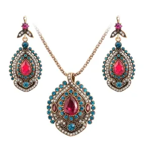 Antique Gold Plated Pink Tourmaline Crystal Turkish Jewelry Set (Necklace & Earrings)