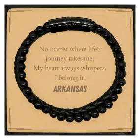 Arkansas State Gifts, No matter where life's journey takes me, my heart always whispers, I belong in Arkansas, Proud Arkansas Stone Leather Bracelets Birthday Christmas For Men, Women, Friends