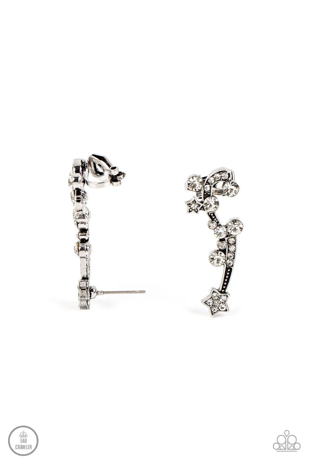 Astral Anthem White Rhinestone Ear Crawler Earrings - Paparazzi Accessories