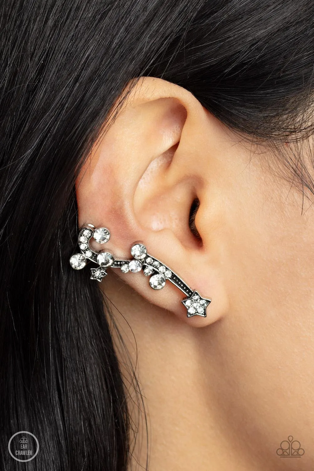 Astral Anthem White Rhinestone Ear Crawler Earrings - Paparazzi Accessories