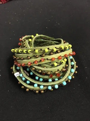 Bali Queen Five Strand Leather Wrap Bracelet Green