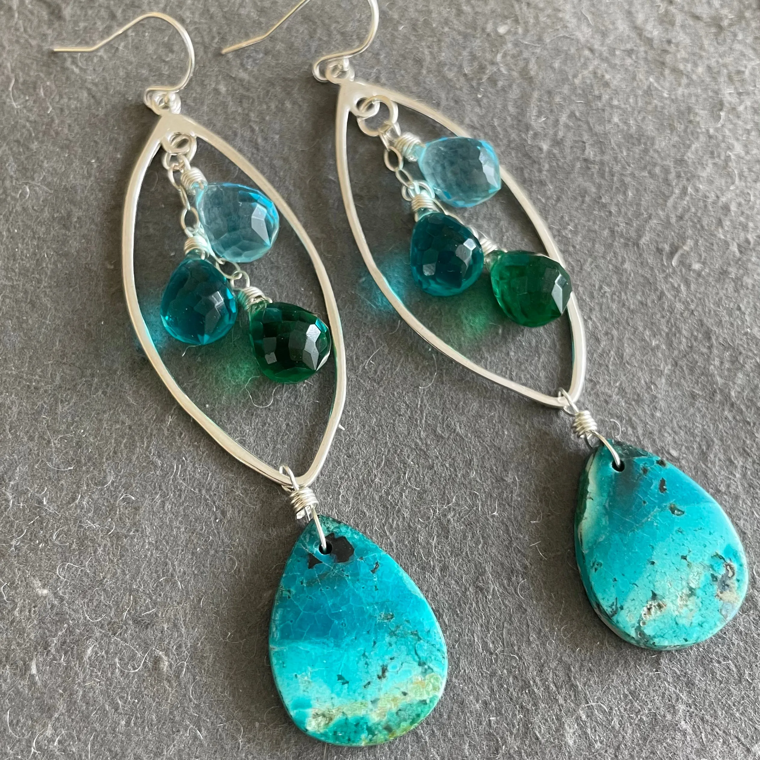 Beach Time Gem Silica Chrysocolla Marquise Earrings, OOAK