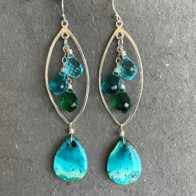 Beach Time Gem Silica Chrysocolla Marquise Earrings, OOAK