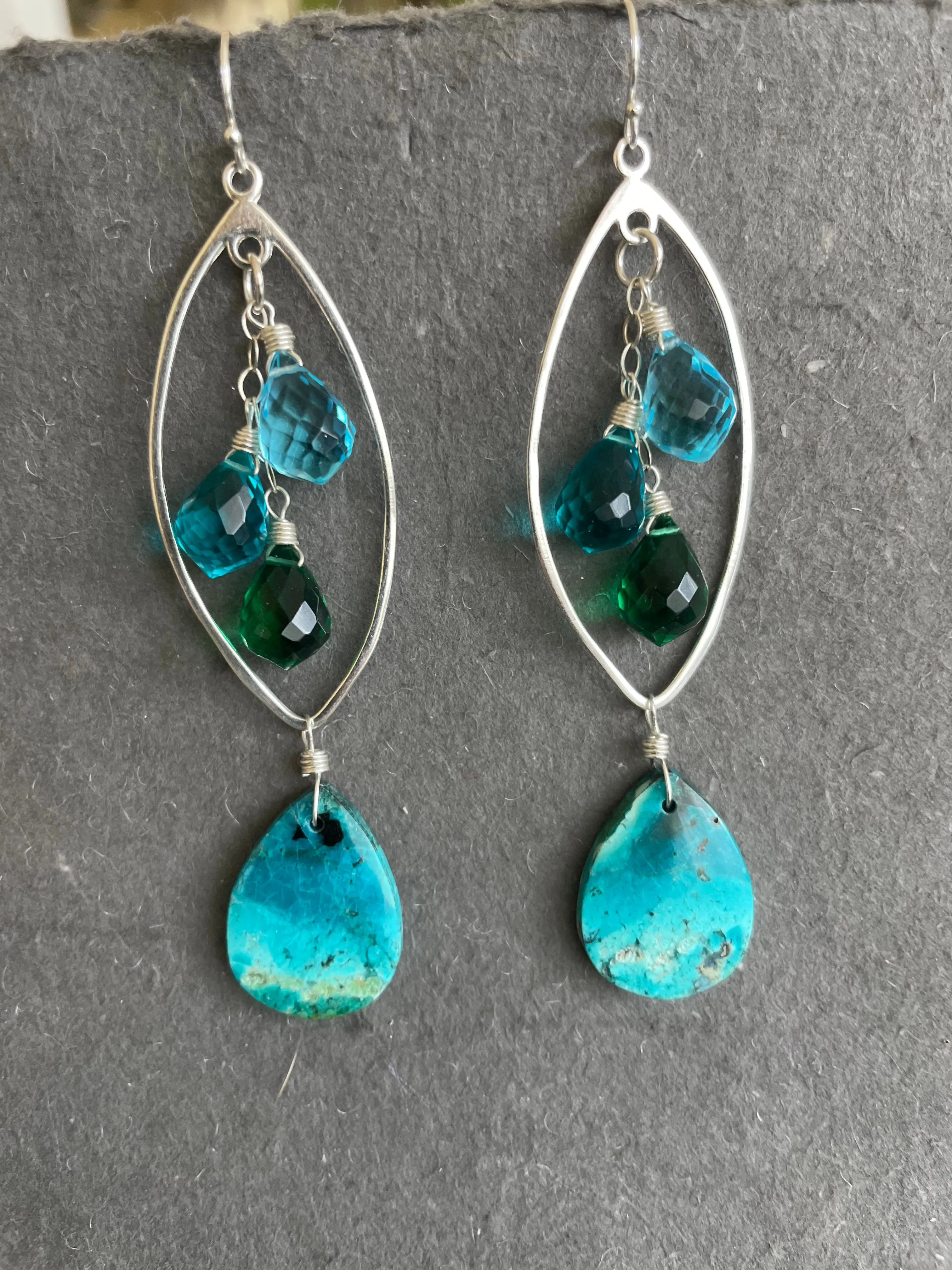 Beach Time Gem Silica Chrysocolla Marquise Earrings, OOAK