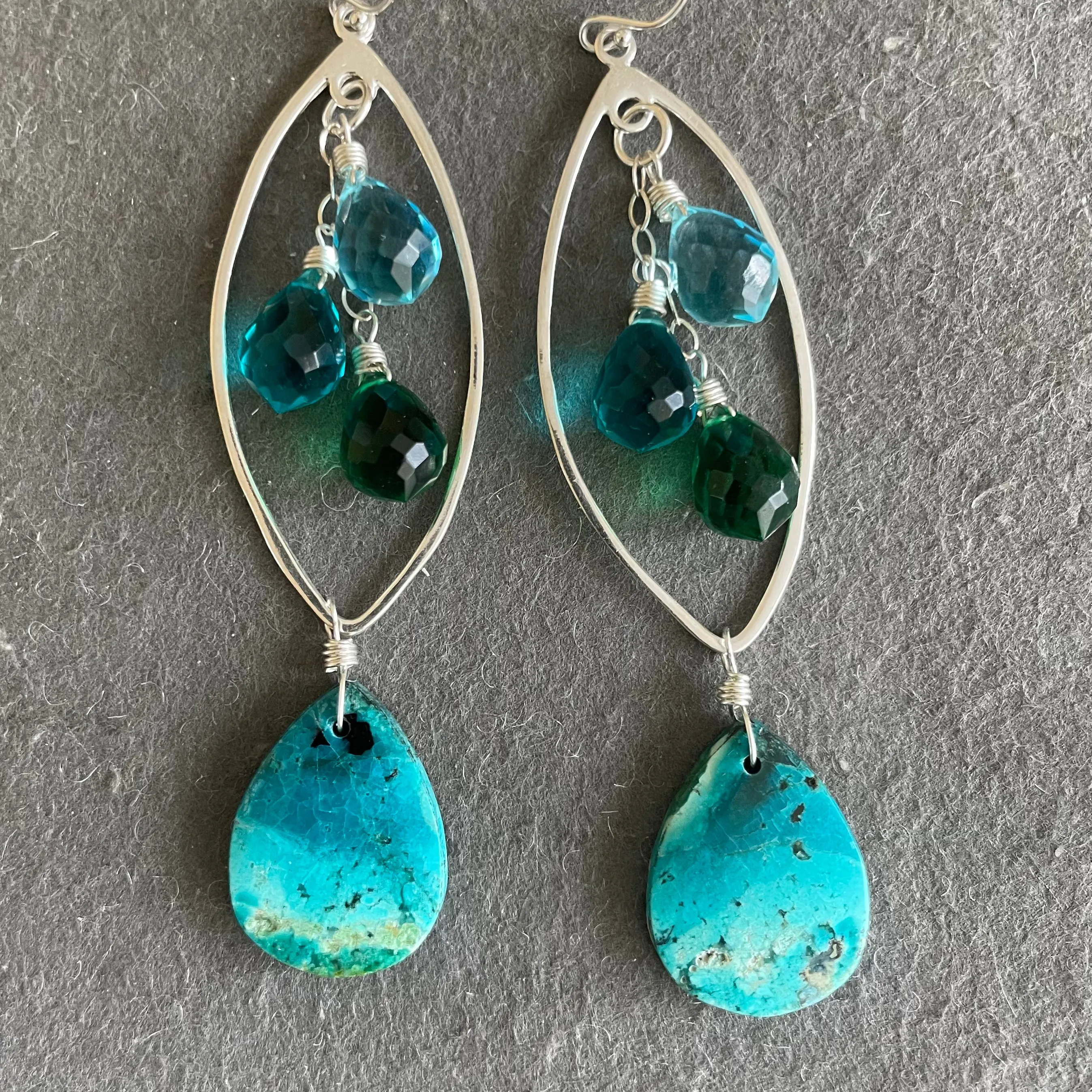 Beach Time Gem Silica Chrysocolla Marquise Earrings, OOAK