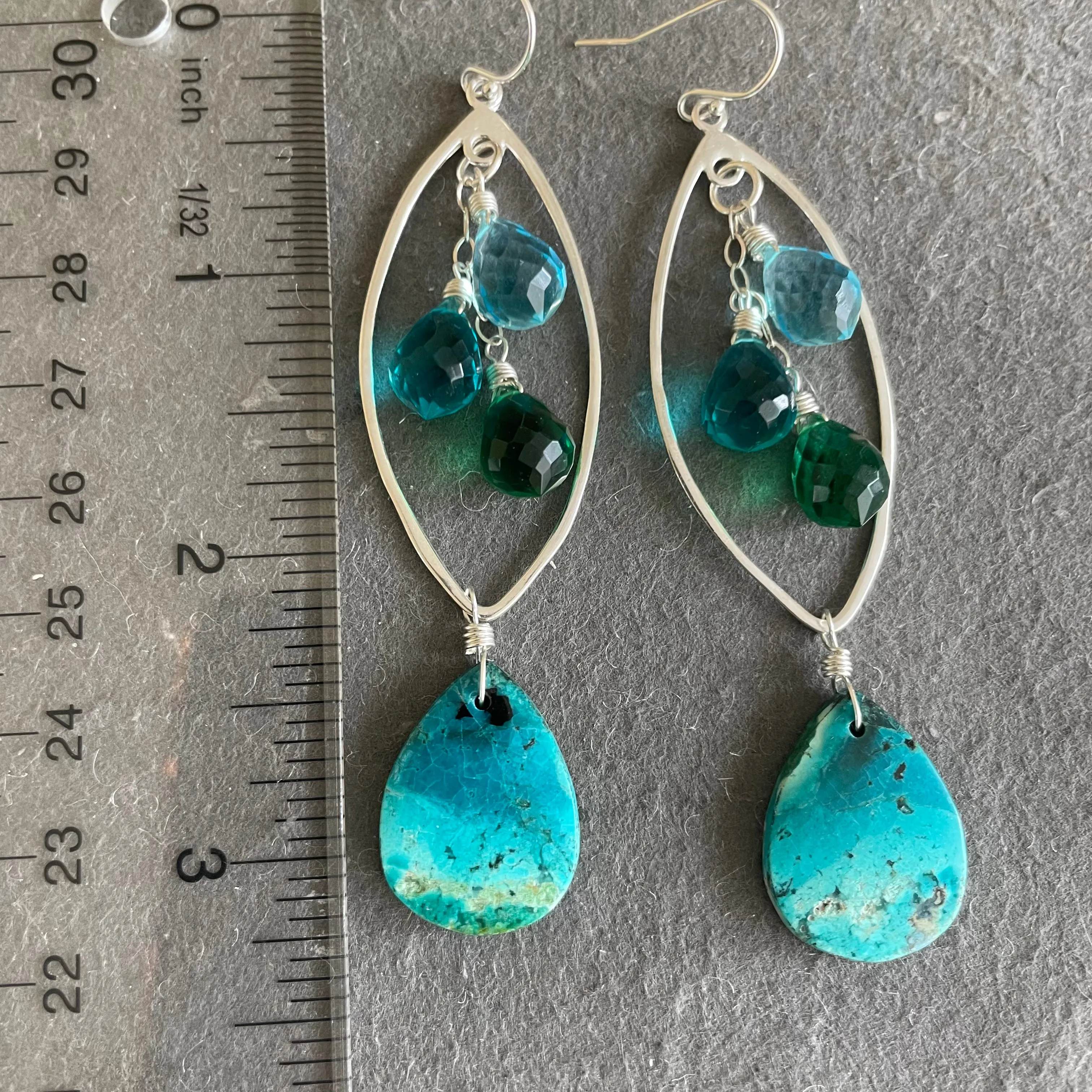 Beach Time Gem Silica Chrysocolla Marquise Earrings, OOAK