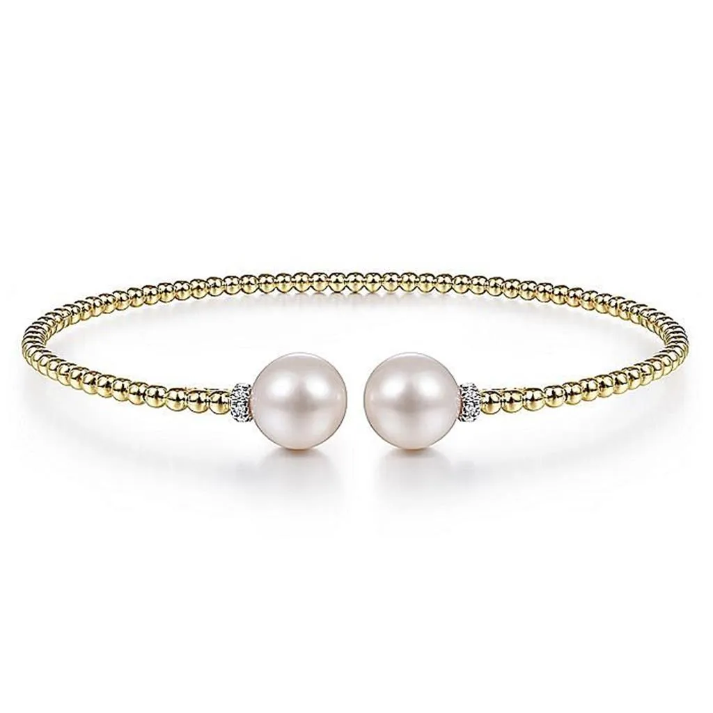 Beaded Bujukan Pearl Split Bracelet, Diamond Caps, - 6.5", 14k Yellow Gold, 3.2mm