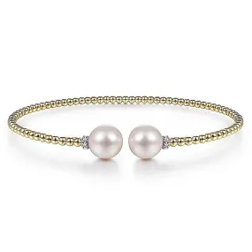 Beaded Bujukan Pearl Split Bracelet, Diamond Caps, - 6.5", 14k Yellow Gold, 3.2mm