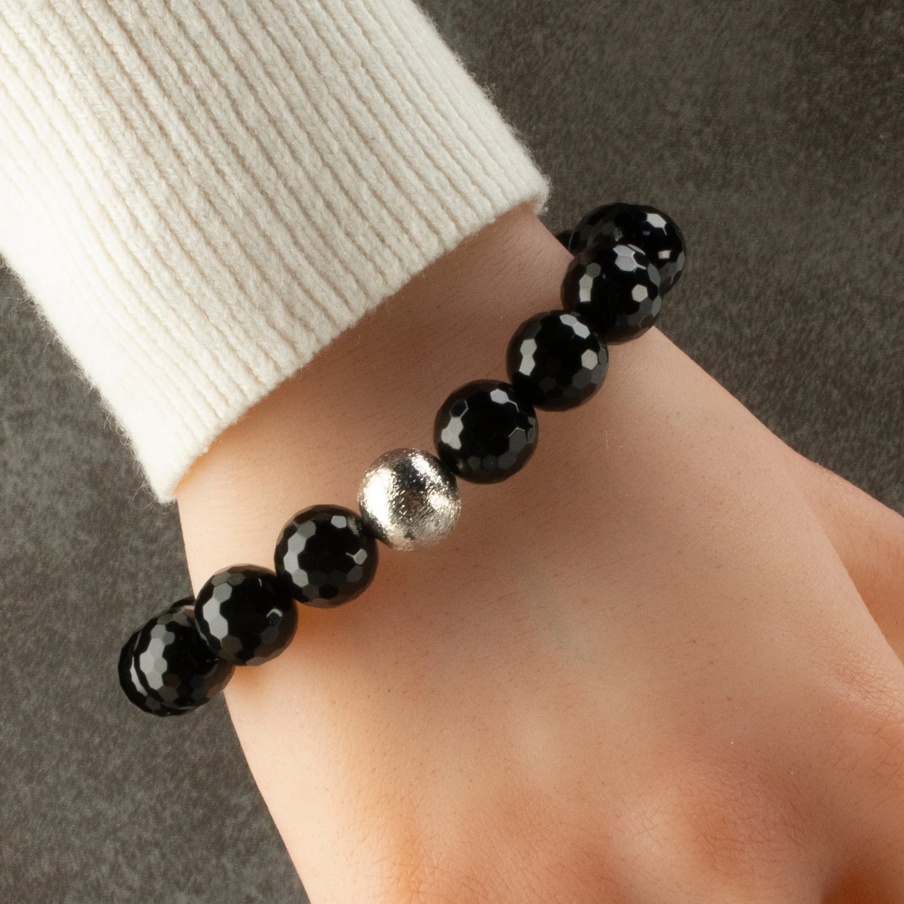 Black Agate 12mm Beads with Matte Silver Accent Bead Elastic Gemstone Bracelet