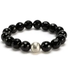 Black Agate 12mm Beads with Matte Silver Accent Bead Elastic Gemstone Bracelet