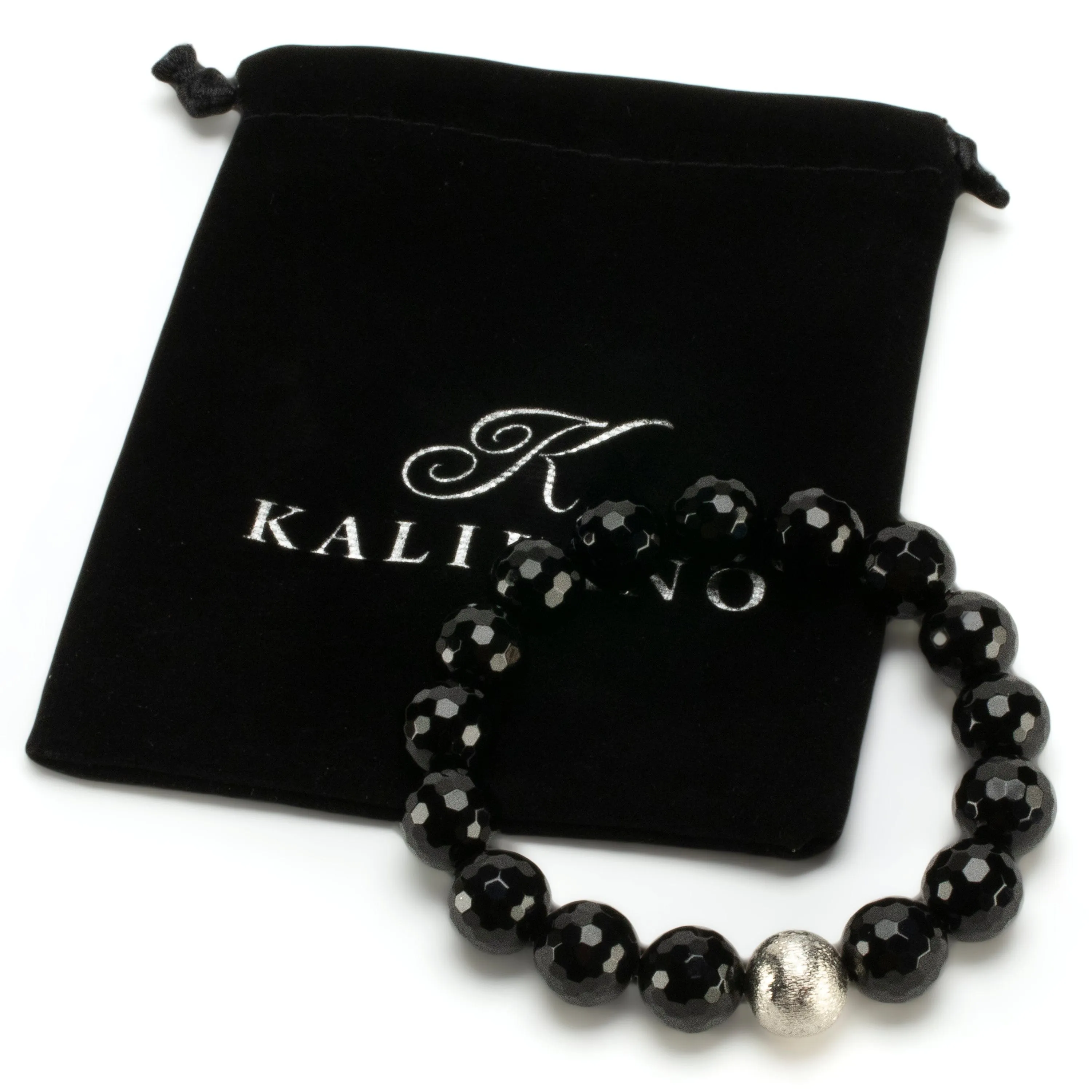 Black Agate 12mm Beads with Matte Silver Accent Bead Elastic Gemstone Bracelet