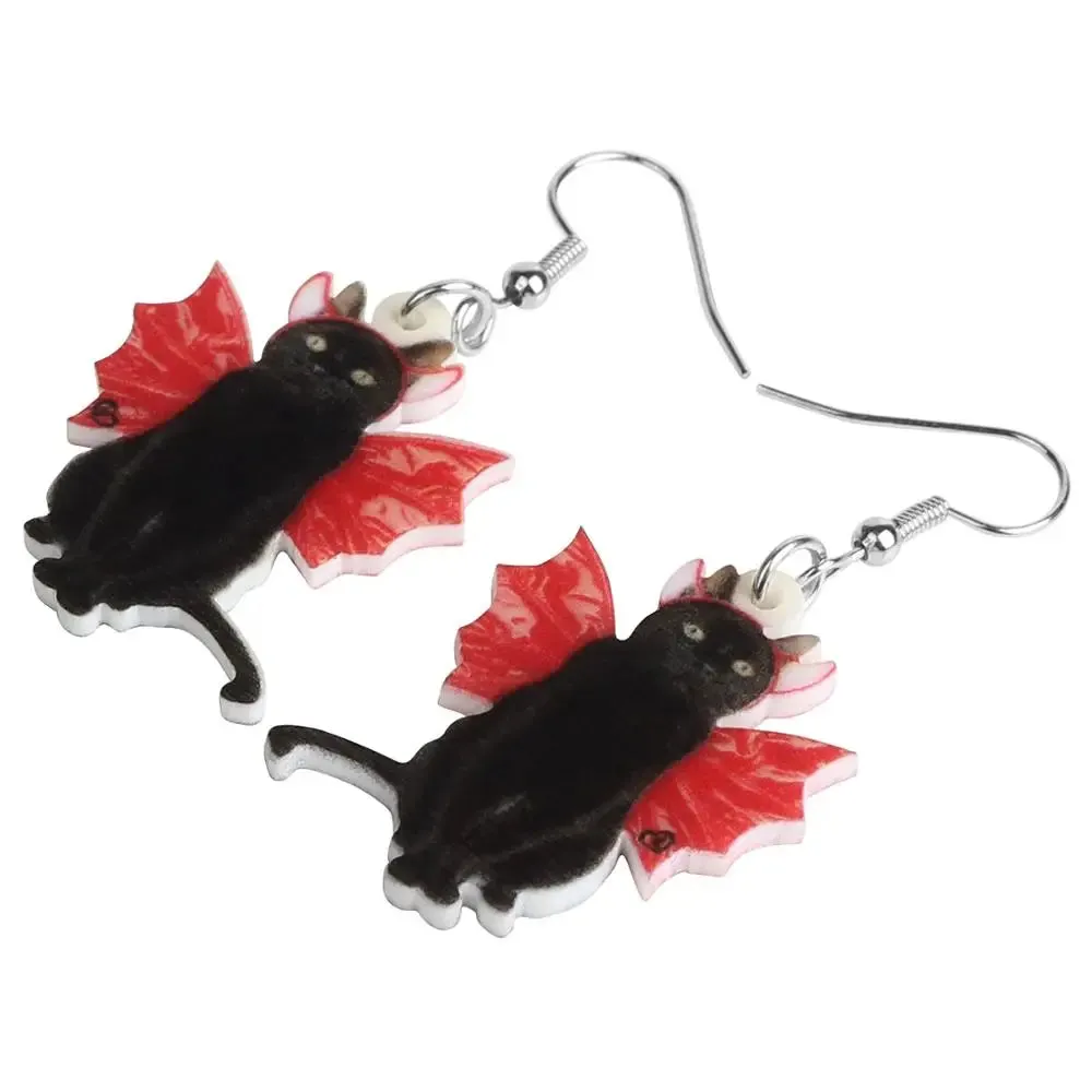 Black Cat Earrings With Red Devil Horns And Wings