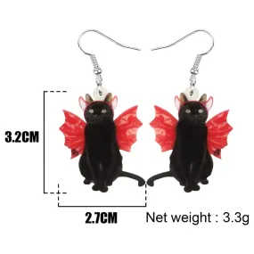 Black Cat Earrings With Red Devil Horns And Wings