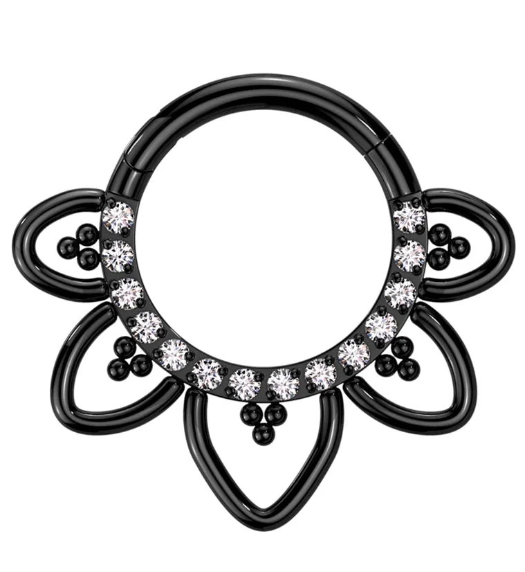 Black PVD Flower Trace Clear CZ Titanium Hinged Segment Ring