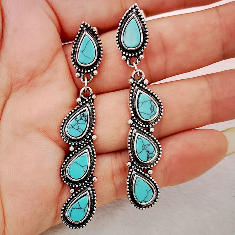 Blue Turquoise 3 Tier Water Drop Long Earrings