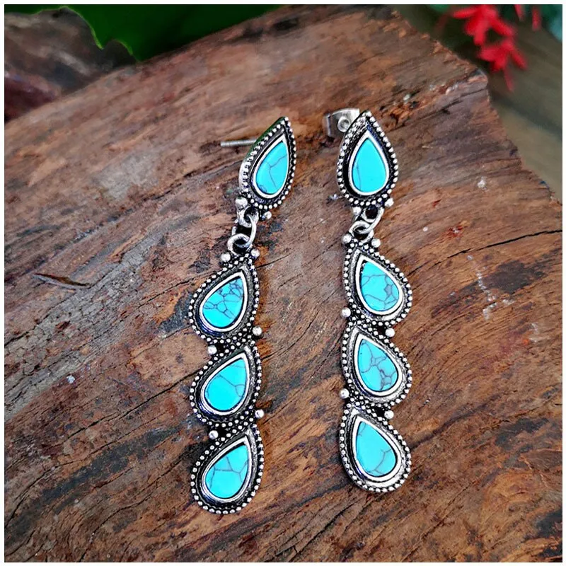 Blue Turquoise 3 Tier Water Drop Long Earrings