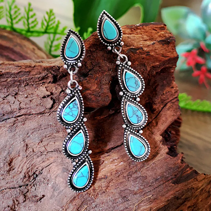 Blue Turquoise 3 Tier Water Drop Long Earrings