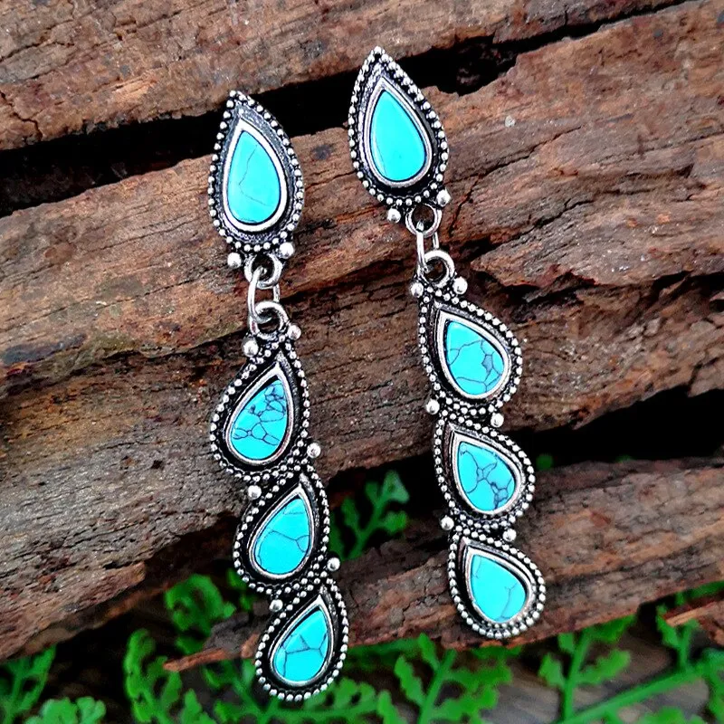 Blue Turquoise 3 Tier Water Drop Long Earrings